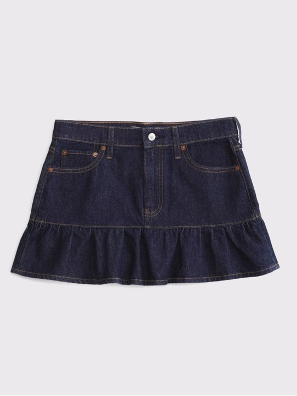 Abercrombie Mid Rise Drop-Waist Ruffle Denim Mini Skirt – Rinse Blue - Picture 6 of 9